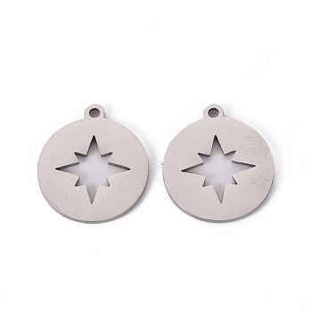 201 Stainless Steel Pendants, Laser Cut Pendants, Flat Round with Star, Stainless Steel Color, 16x14x1mm, Hole: 1.2mm