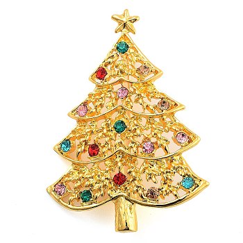 Christmas Theme Alloy Colorful Rhinestone Brooches, for Backpack Clothes, Christmas Tree, Golden, 53x39mm