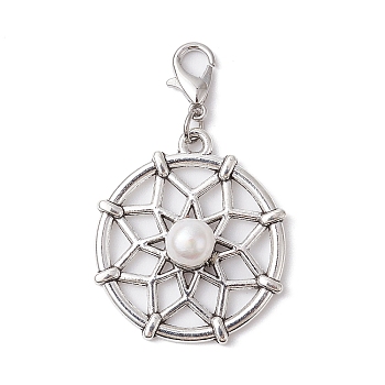 Woven Net/Web Tibetan Style Alloy Pendant Decoraiton, with Natural Cultured Freshwater Pearl Beads and Alloy Lobster Claw Clasps, Antique Silver & Platinum, 44mm