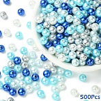 500Pcs 5 Colors Spray Painted ABS Plastic Imitation Pearl Beads, Round, Blue, 8x7.5~8mm, Hole: 1.8~2mm, 100pcs/color(OACR-YW0004-49A)