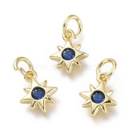 Brass Micro Pave Cubic Zirconia Pendants, with Jump Rings, Star, Real 18K Gold Plated, Midnight Blue, 10x8x2mm, Hole: 3.5mm(KK-P188-H02-G)