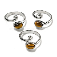 Natural Tiger EyeAdjustable Rings, with Platinum Brass Findings, Long-Lasting Plated, Jewely for Women, Oval, Adjustable(RJEW-K269-08P-02)