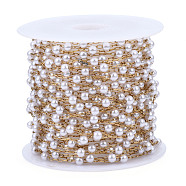 ABS Plastic Pearl Round Beaded Chains, with Golden 316 Stainless Steel Cable Chains, Soldered, with Spool, Creamy White, 3x2.5mm, about 16.40 Feet(5m)/Roll(CHS-N003-16)