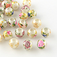 Rose Flower Pattern Printed Round Glass Beads, Imitation Pearl Beads, Mixed Color, 10x9mm, Hole: 1.5mm(X-GFB-R005-10mm-A)