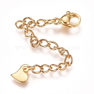 304 Stainless Steel Chain Extender, with Lobster Claw Clasps and Charms, Heart, Golden, 68mm, Link: 4x3x0.4mm, Clasp: 9.2x6.2x3.3mm(STAS-G221-10G)