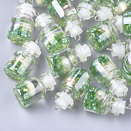 Glass Bottle Pendants, with Resin & Pearl & Iron Findings, Platinum, Light Green, 28~29x15mm, Hole: 2mm(GLAA-T001-03A)