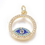 Brass Micro Pave Cubic Zirconia Pendants, with Enamel and Jump Ring, Ring with Evil Eye, Colorful, Golden, 18.5x16x2mm, Hole: 3mm(ZIRC-L083-019G)