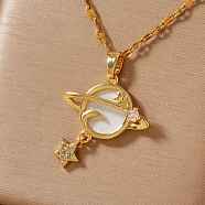 Stylish and Simple Brass Clear Cubic Zirconia Star Moon Planet Pendant Necklaces for Daily Wear, Golden, 15.75 inch(40cm)(OT4703-1)