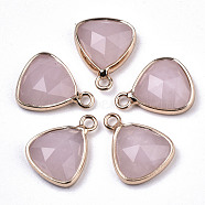 Natural Rose Quartz Charms, with Light Gold Plated Brass Edge and Loop, Triangle, Faceted, 14x11x4mm, Hole: 1.5mm(G-N326-48E)
