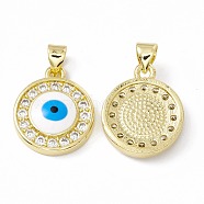 Rack Plating Brass Micro Pave Clear Cubic Zirconia Pendants, with Enamel, Long-Lasting Plated, Cadmium Free & Lead Free, Flat Round with Evil Eye, Real 18K Gold Plated, 19x15.5x4.5mm, Hole: 4x3mm(ZIRC-C041-30G)