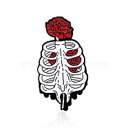 Rib Cage with Rose Safety Brooch Pin, Alloy Enamel Badge for Suit Shirt Collar, Skeleton, 32x17mm(JEWB-PW0001-002B)