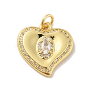 Brass Micro Pave Cubic Zirconia Pendants, with Jump Ring, Cadmium Free & Lead Free, Long-Lasting Plated, Heart, Clear, Real 18K Gold Plated, 18x18x4mm, Jump Ring: 5x1mm, 3mm Inner Diameter(KK-B059-01G)