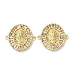 Rack Plating Brass Cubic Zirconia Virgin Mary Oval Connector Charms, Long-Lasting Plated, Lead Free & Cadmium Free, Real 18K Gold Plated, Clear, 22.5x24x3.5mm, Hole: 1.4mm(KK-C084-35A-G)