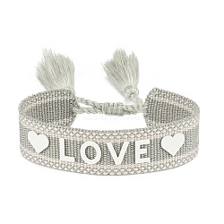 Silicone Word Love Pattern Braided Cord Bracelet with Polyester Tassels, Flat Adjustable Bracelet for Women, Silver, Inner Diameter: 5-7/8~9-1/2 inch(15~24cm)(VALE-PW0001-032E)