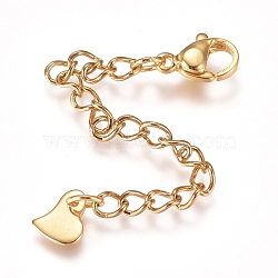 304 Stainless Steel Chain Extender, with Lobster Claw Clasps and Charms, Heart, Golden, 68mm, Link: 4x3x0.4mm, Clasp: 9.2x6.2x3.3mm(STAS-G221-10G)