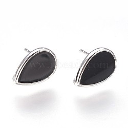 Brass Stud Earring Findings, with Loop, Enamel, Nickel Free, Teardrop, Real Platinum Plated, Black, 12x8x1.5mm, Hole: 1mm, Pin: 0.8mm(KK-P153-21P-01-NF)