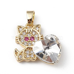 Real 18K Gold Plated Rack Plating Brass Micro Pave Cubic Zirconia Pendants, with Glass, Long-Lasting Plated, Cadmium Free & Lead Free, Cat with Heart, Clear, 21x19.5x7.5mm, Hole: 3.5x5mm(KK-C015-31G-05)