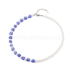 Plastic Imitation Pearl & Millefiori Glass Beaded Necklace for Women, Blue, 16.14 inch(41cm)(NJEW-JN03916)