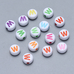Craft Acrylic Horizontal Hole Letter Beads, Flat Round, Mixed Color, Letter.W, 7x3.5~4mm, Hole: 1.5mm(X-SACR-S201-11W)