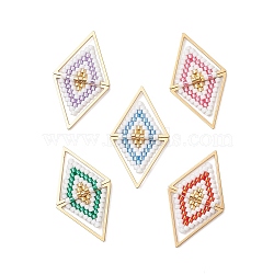 Glass Seed Beaded Connector Charms, Rhombus Links with 304 Stainless Steel Triangle Findings, Golden, Mixed Color, 32.5x18.5x3mm(PALLOY-MZ01110)