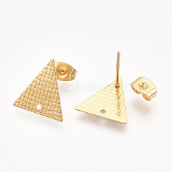 304 Stainless Steel Stud Earring Findings, with Ear Nuts/Earring Backs, Triangle, Golden, 13.5x13mm, Hole: 1mm, Pin: 0.7mm(X-STAS-S079-69A)