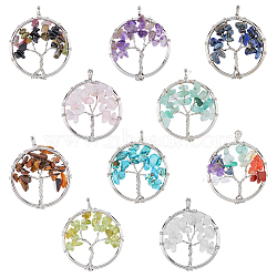 HOBBIESAY 10Pcs 10 Styles Natural & Synthetic Mixed Gemstone Chip Pendants, Tree of Life Charm, with Platinum Tone Brass Findings, 29x5~7mm, Hole: 4.5mm, 1pc/style(G-HY0001-19)