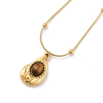 304 Stainless Steel Natural Tiger Eye Pendant Necklaces, Teardrop, Real 18K Gold Plated, 17.56 inch(44.6cm)