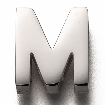 304 Stainless Steel Slide Charms, Letter. M, Stainless Steel Color, 11.5x10x3.5mm, Hole: 8x1.5mm