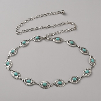 Zinc Alloy with Resin Synthetic Turquoise Oval Link Waist Belly Chains, Platinum, 585mm