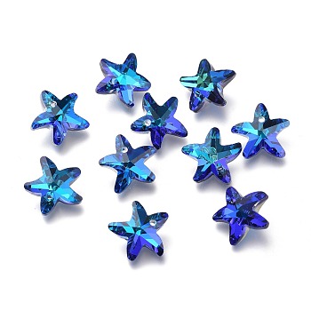 Electroplate Glass Charms, Starfish, Faceted, Back Plated, Blue, 14x15x7mm, Hole: 1.4mm