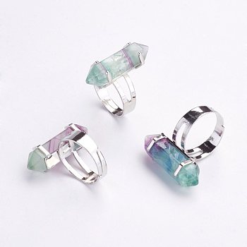Natural Fluorite Finger Rings, with Iron Ring Finding, Size 8, Platinum, 18mm