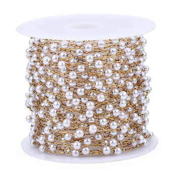 ABS Plastic Pearl Round Beaded Chains, with Golden 316 Stainless Steel Cable Chains, Soldered, with Spool, Creamy White, 3x2.5mm, about 16.40 Feet(5m)/Roll
