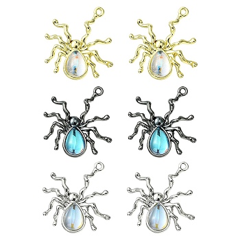 6Pcs 3 Colors Halloween Rack Plating Alloy Pendants, Spider Charm, with Lilac Resin Beads, Cadmium Free & Lead Free, Mixed Color, 30x27x5.8mm, Hole: 1.6mm, 2pcs/color