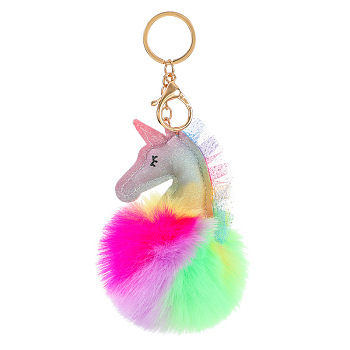 Plush Keychain, with Iron Key Ring, Pom Pom Ball, Unicorn, Colorful, 16cm