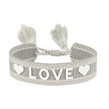 Silicone Word Love Pattern Braided Cord Bracelet with Polyester Tassels, Flat Adjustable Bracelet for Women, Silver, Inner Diameter: 5-7/8~9-1/2 inch(15~24cm)