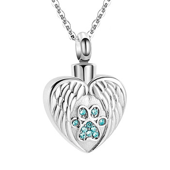 Stainless Steel Pendant Necklaces, Urn Ashes Necklace, Heart with Wing, Blue, 0.98x0.71 inch(2.5x1.8cm)