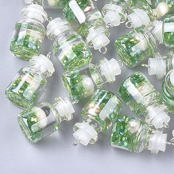 Glass Bottle Pendants, with Resin & Pearl & Iron Findings, Platinum, Light Green, 28~29x15mm, Hole: 2mm