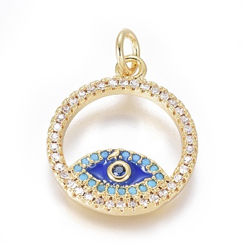 Brass Micro Pave Cubic Zirconia Pendants, with Enamel and Jump Ring, Ring with Evil Eye, Colorful, Golden, 18.5x16x2mm, Hole: 3mm