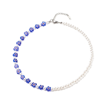 Plastic Imitation Pearl & Millefiori Glass Beaded Necklace for Women, Blue, 16.14 inch(41cm)