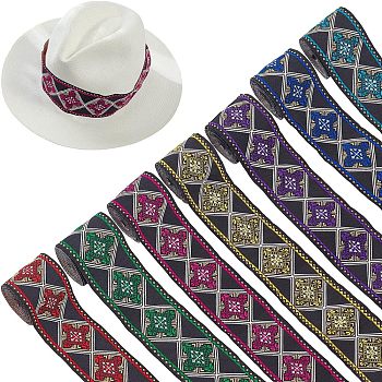 12.25M 7 Colors Ethnic Style Polyester Ribbons, Jacquard Ribbon, Rhombus Pattern, Mixed Color, 1-7/8 inch(49mm), 1.75m/color