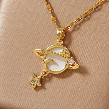 Stylish and Simple Brass Clear Cubic Zirconia Star Moon Planet Pendant Necklaces for Daily Wear, Golden, 15.75 inch(40cm)