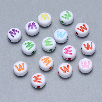 Craft Acrylic Horizontal Hole Letter Beads, Flat Round, Mixed Color, Letter.W, 7x3.5~4mm, Hole: 1.5mm