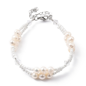 Multi-strand Bracelets, with Glass Seed Beads, Natural Pearl Beads, Glass Beads and 304 Stainless Steel Lobster Claw Clasps, White, 7-5/8 inch(19.5cm)