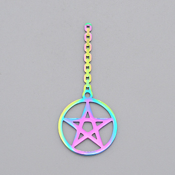 Ion Plating(IP) 201 Stainless Steel Pendants, Laser Cut, Ring with Star, Rainbow Color, 48x20.5x1mm, Hole: 0.8mm