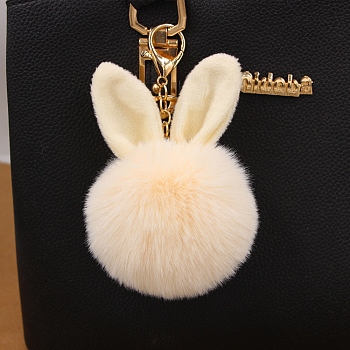Easter Rabbit Faux Fluffy Ball Pendant Keychains, with Alloy Finding, PapayaWhip, 90~100mm