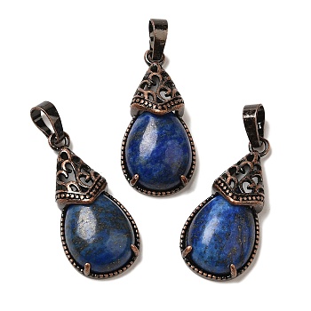 Dyed Natural Lapis Lazuli Pendants, Brass Teardrop Charms, Red Copper, Lead Free & Cadmium Free, 31x15x8mm, Hole: 5x7.5mm