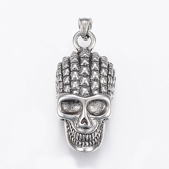 304 Stainless Steel Pendants, Skull, Antique Silver, 40.5x19x12.5mm, Hole: 6mm