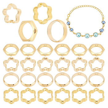 60Pcs 4 Style Brass Beads Frames, Long-Lasting Plated, Hexagon & Flower & Round Ring, Real 24K Gold Plated, 8~10x8~10x2~3mm, Hole: 0.5~1.2mm, 15pcs/style