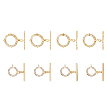 8 Sets 2 Styles Brass Micro Pave Clear Cubic Zirconia Toggle Clasps, Ring, Real 18K Gold Plated, Bar: 21.5~24x4x2mm, Hole: 1~1.4mm, Ring: 12~22x13~19.5x2~3mm, Hole: 1.2~1.5mm, 4 sets/style