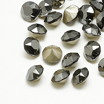 Pointed Back Glass Rhinestone Cabochons, Back Plated, Faceted, Diamond, Jet Metallic Silver, 4x3mm
